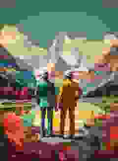 Illustration du formulaire de contact. Une image brutaliste représentant 2 hommes d'affaire au milieu d'un paysage montagnard.
