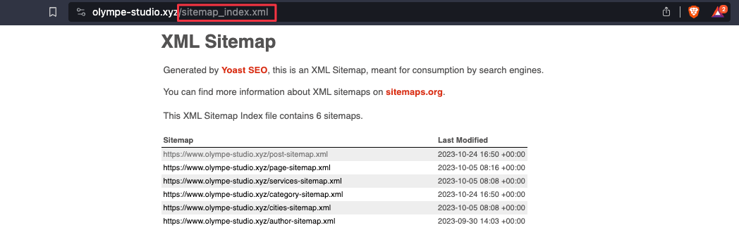 sitemap XML du site Olympe Studio